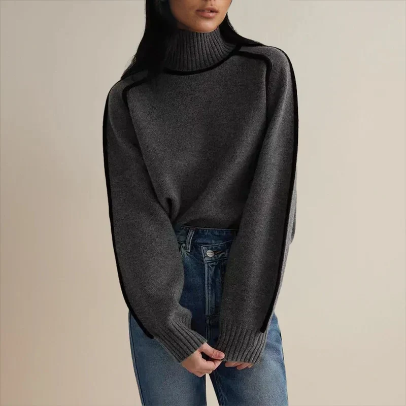 Luisa | Damen Oversized Rollkragen Sweater Zweifarbig Strickpullover