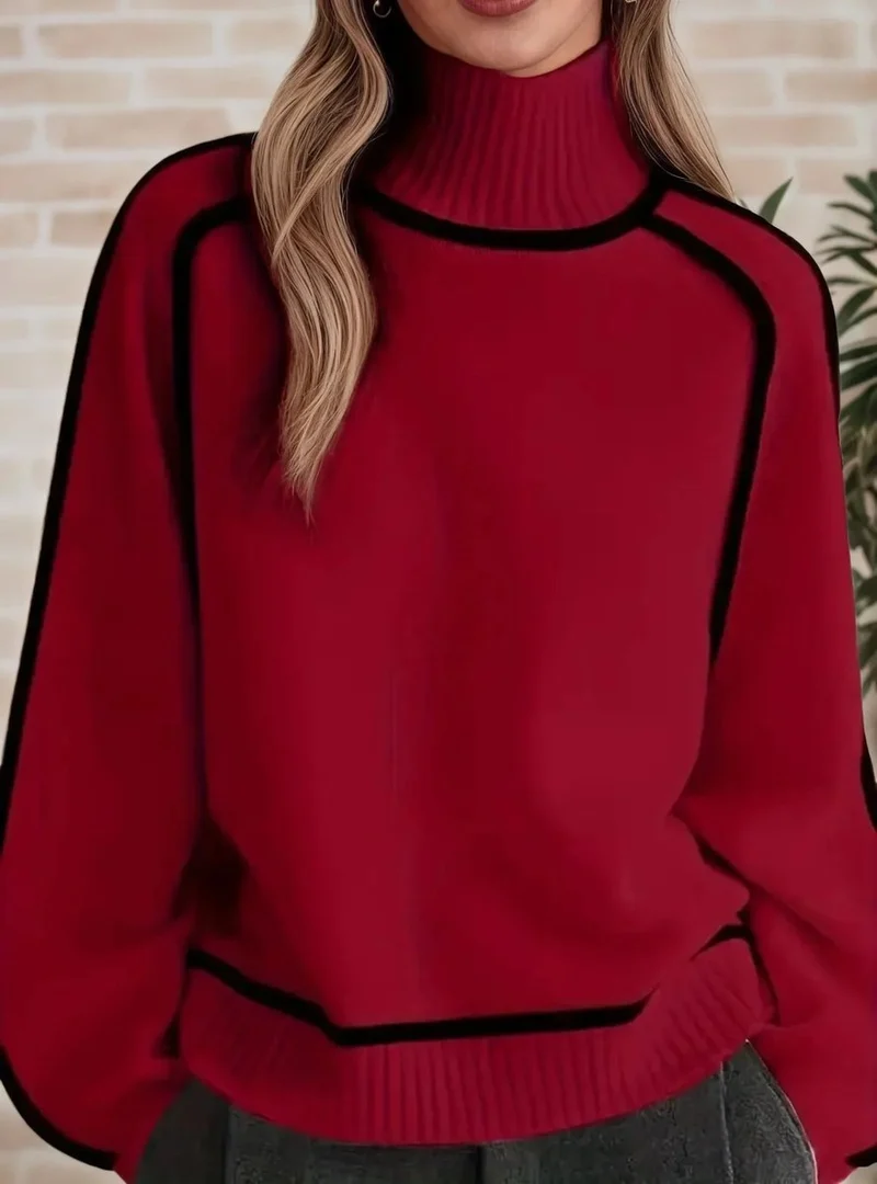 Luisa | Damen Oversized Rollkragen Sweater Zweifarbig Strickpullover