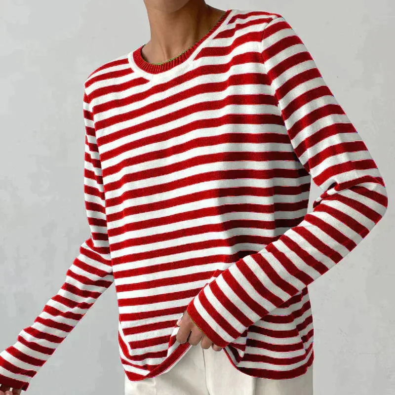 Emilia | Damen Gestreifter Langarm Relaxed-Fit Rundhals Sweater
