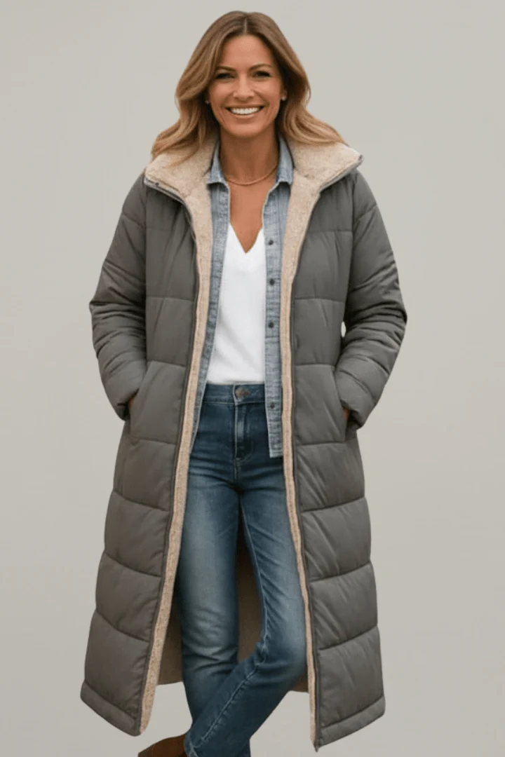 Damen lange Pufferjacke mit Kapuze
