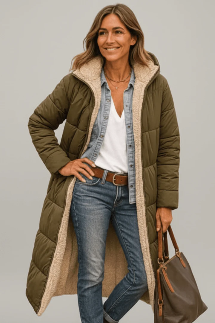 Damen lange Pufferjacke mit Kapuze