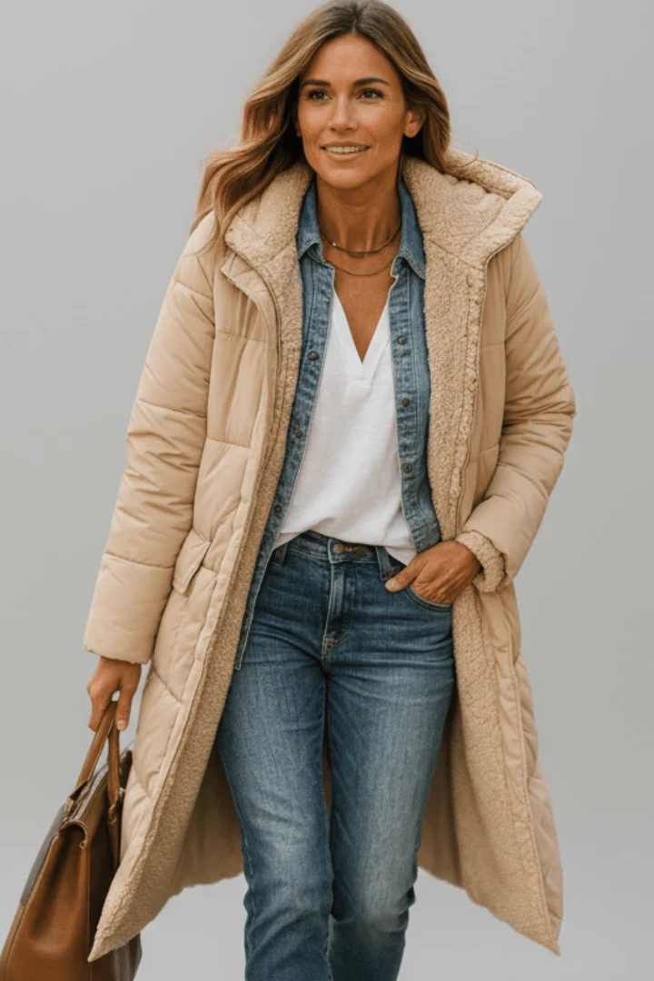 Damen lange Pufferjacke mit Kapuze