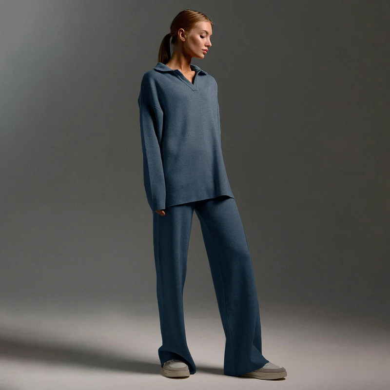Damen Lounge Set mit Weitbein Hose und Polo Pullover