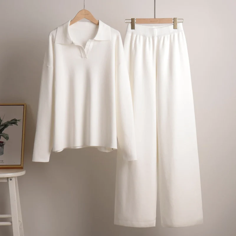Damen Lounge Set mit Weitbein Hose und Polo Pullover