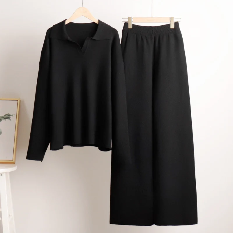 Damen Lounge Set mit Weitbein Hose und Polo Pullover