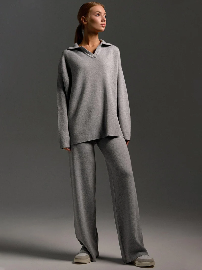 Damen Lounge Set mit Weitbein Hose und Polo Pullover
