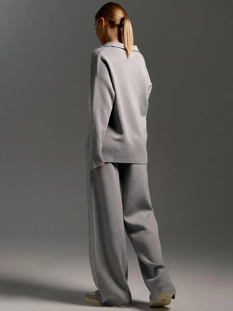 Damen Lounge Set mit Weitbein Hose und Polo Pullover