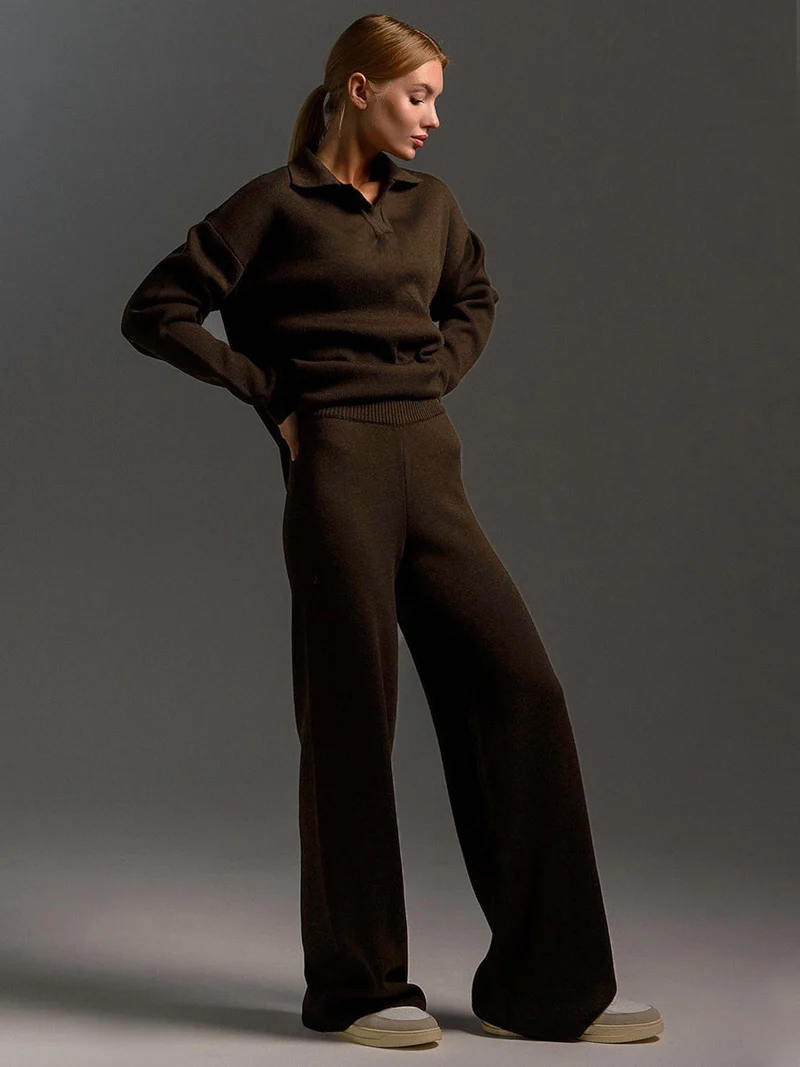 Damen Lounge Set mit Weitbein Hose und Polo Pullover