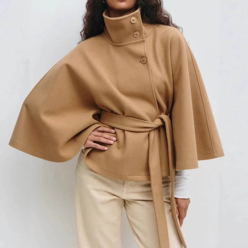Damen Cape Mantel mit hohem Kragen