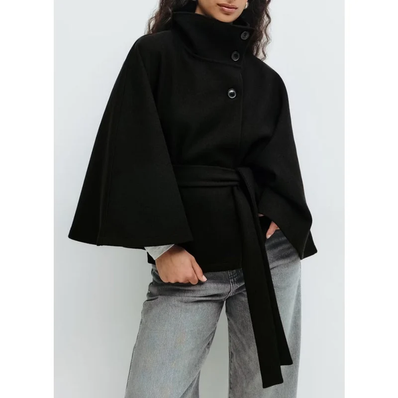 Damen Cape Mantel mit hohem Kragen