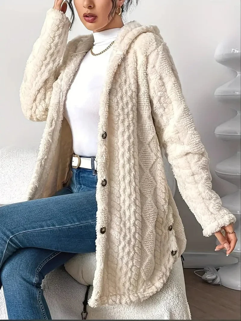 Marlene | Damen Longline Cardigan mit Kapuze Plüsch Knopfleiste Oversized