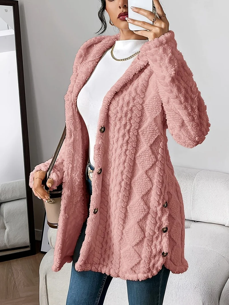 Marlene | Damen Longline Cardigan mit Kapuze Plüsch Knopfleiste Oversized