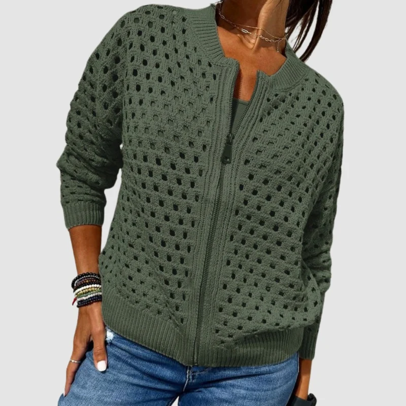 Elfriede | Damen Strick-Cardigan mit Lochmuster und Reißverschluss