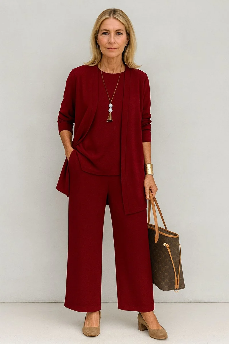 Amelie | Damen Longline-Cardigan 3-teiliges Set Culotte Hosenanzug Elegant