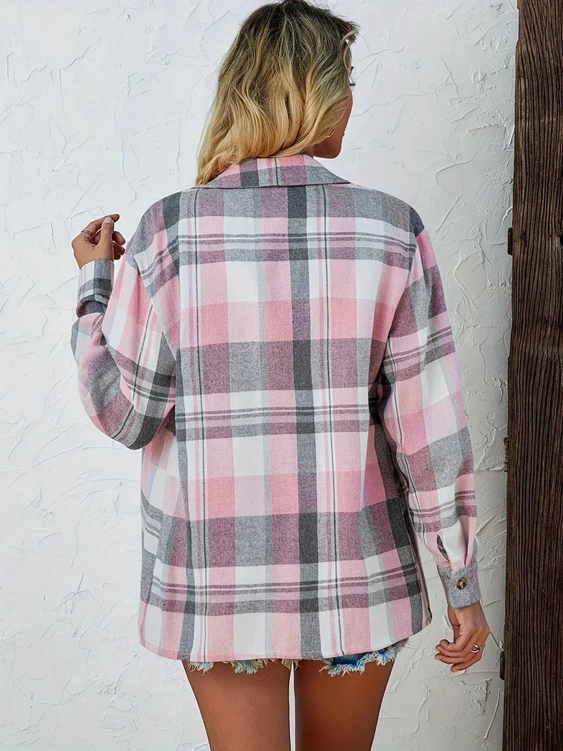 Amelie | Damen Karierter Flanell Cardigan Oversized Langarm Hemdbluse