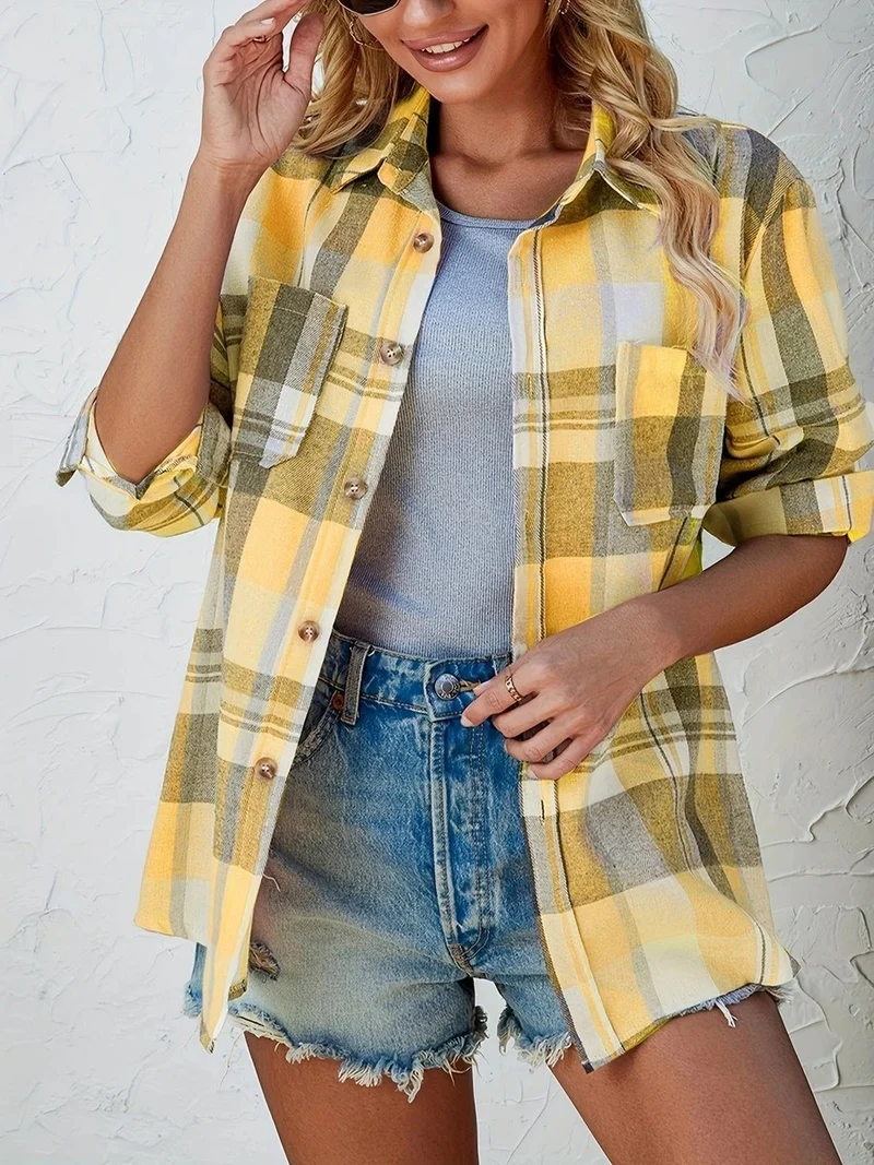 Amelie | Damen Karierter Flanell Cardigan Oversized Langarm Hemdbluse