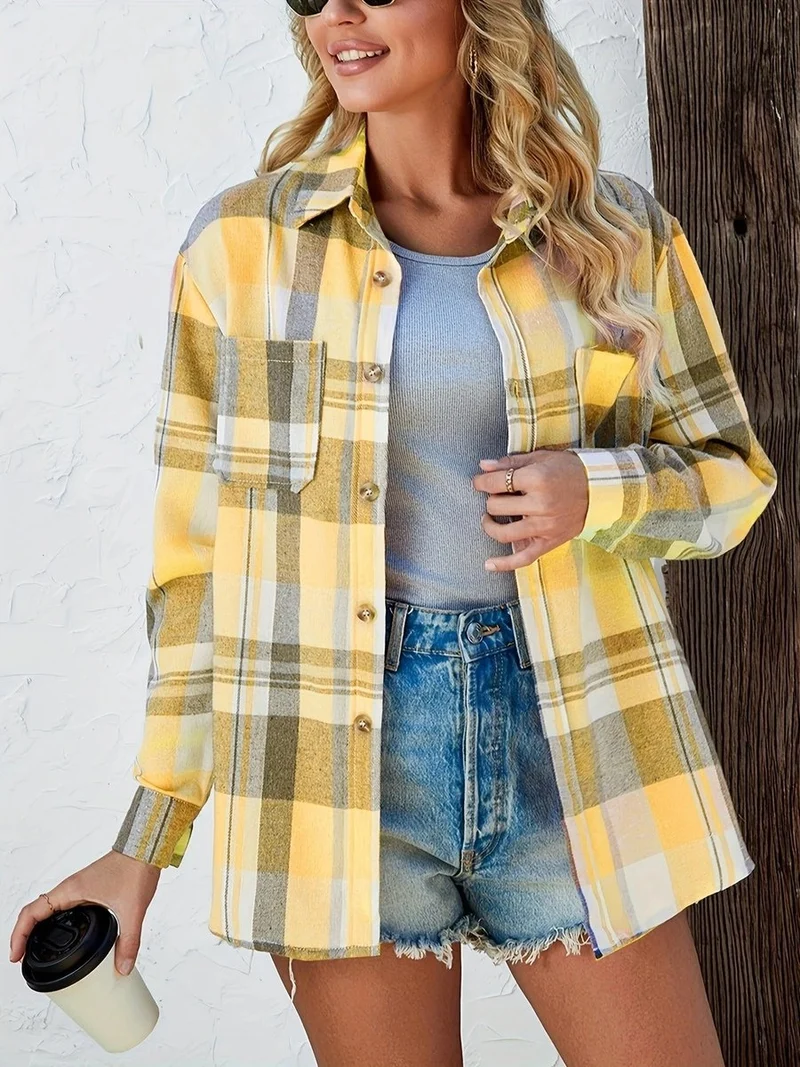 Amelie | Damen Karierter Flanell Cardigan Oversized Langarm Hemdbluse