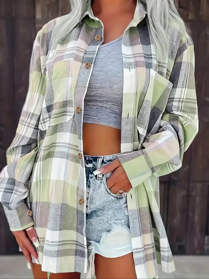 Amelie | Damen Karierter Flanell Cardigan Oversized Langarm Hemdbluse