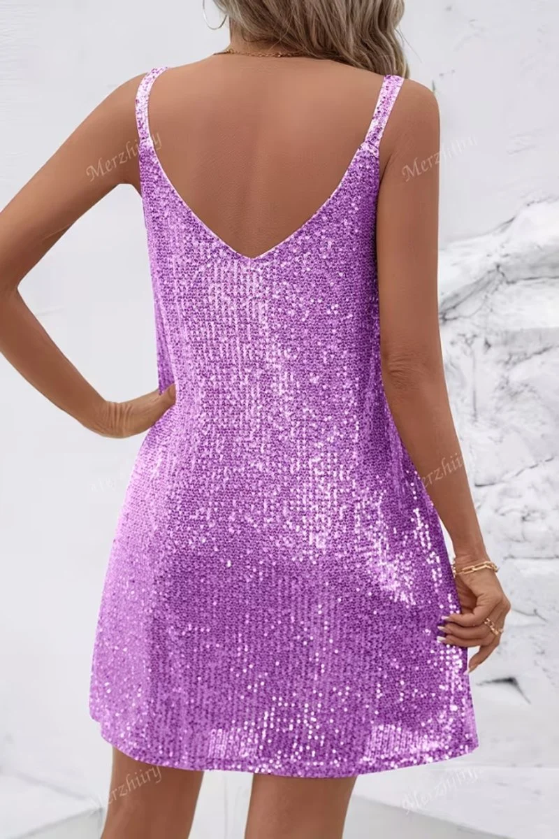 Amelie | Damen Pailletten Abendkleid Ärmellos V-Ausschnitt Mini Cocktailkleid