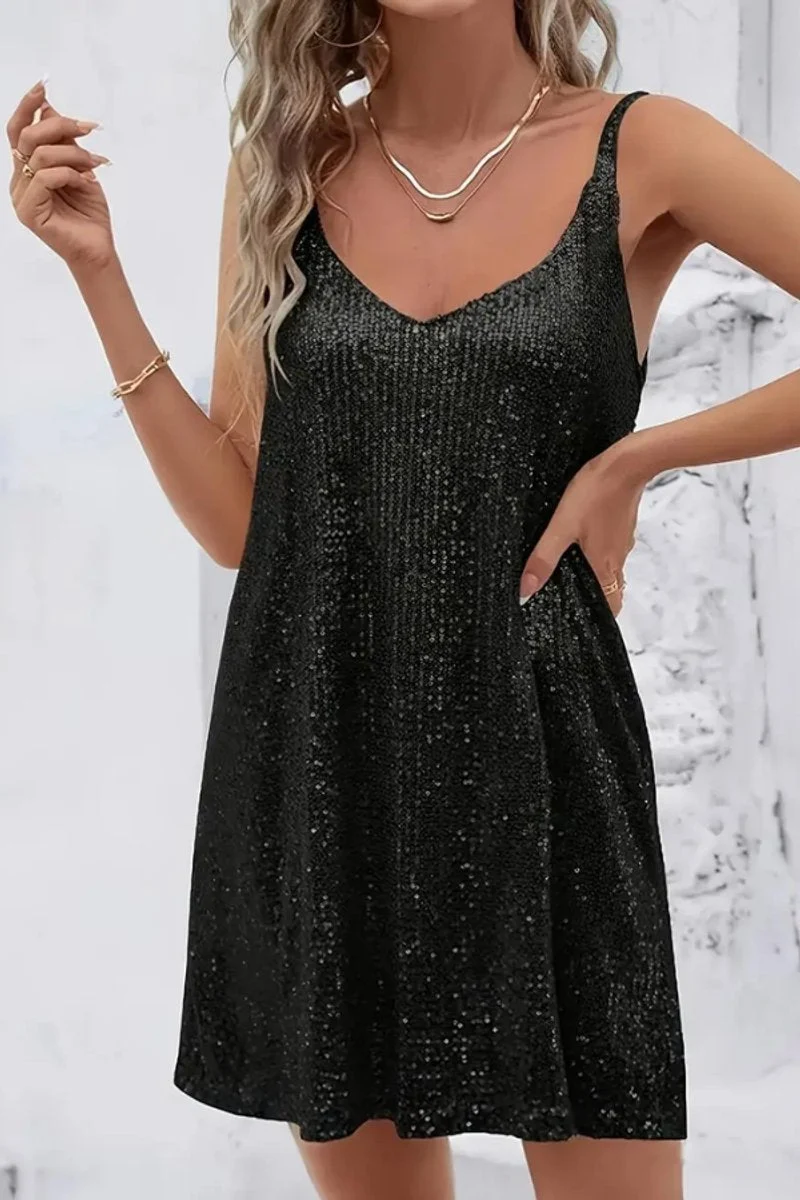Amelie | Damen Pailletten Abendkleid Ärmellos V-Ausschnitt Mini Cocktailkleid