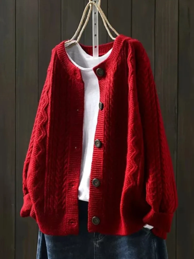 Leonie | Damen Oversized Zopfmuster Cardigan mit Knopfleiste