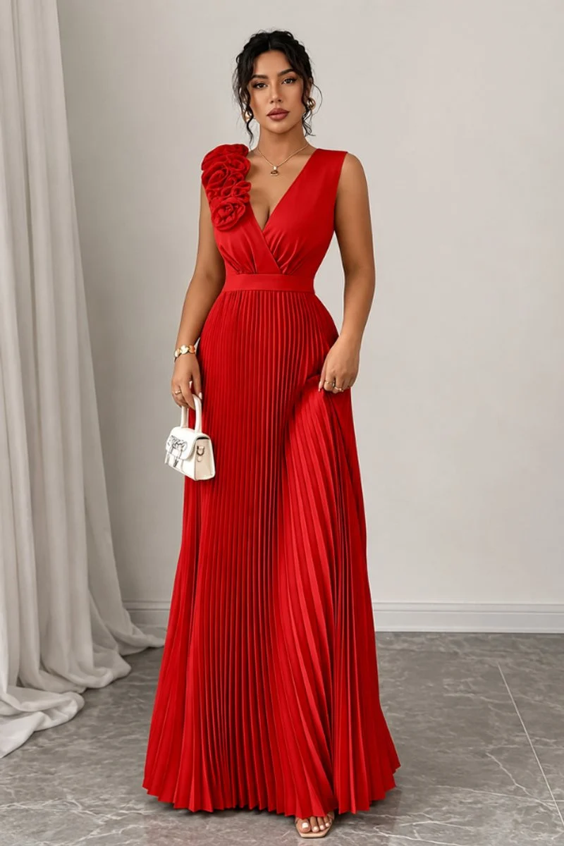 Katharina | Damen Abendkleid ärmellos plissiert A-Linie Blumenapplikation