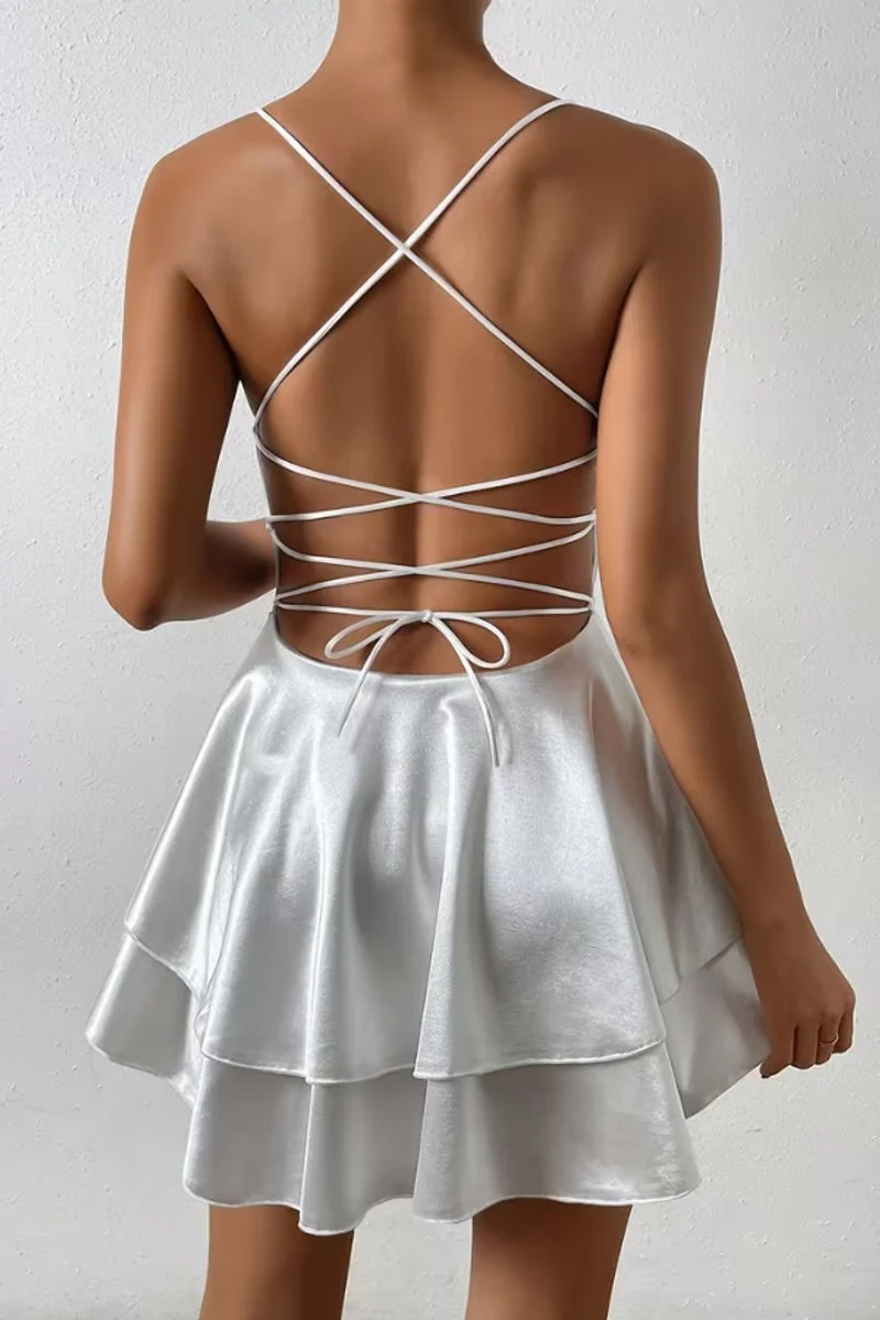 Amelie | Damen Satin Cocktailkleid V-Ausschnitt offener Rücken ausgestellt Mini