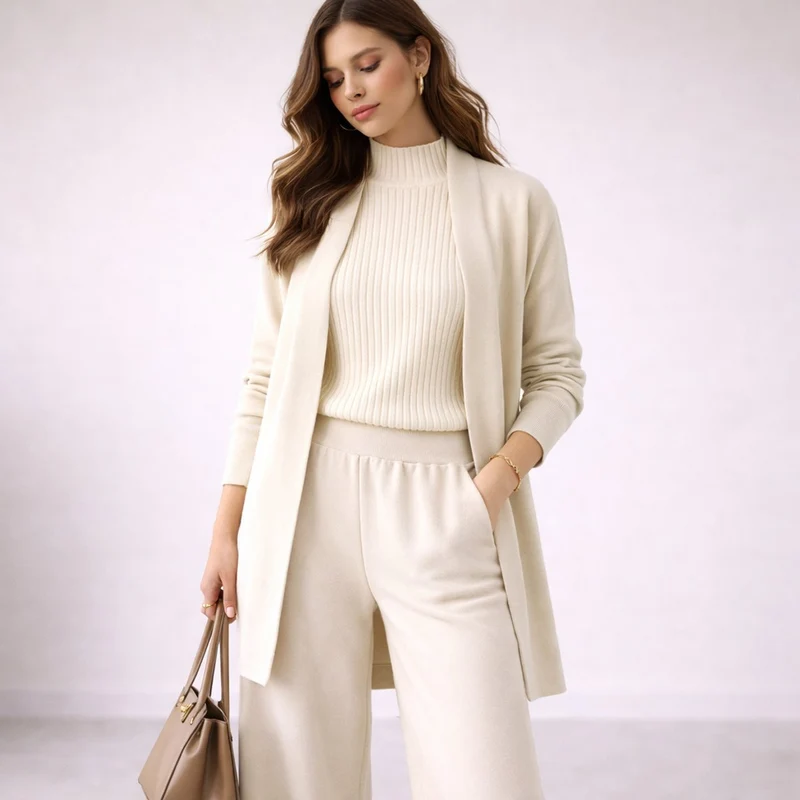 Marlene | Damen Elegantes Dreiteiling Strick-Loungewear-Set Abendkleid-Stil