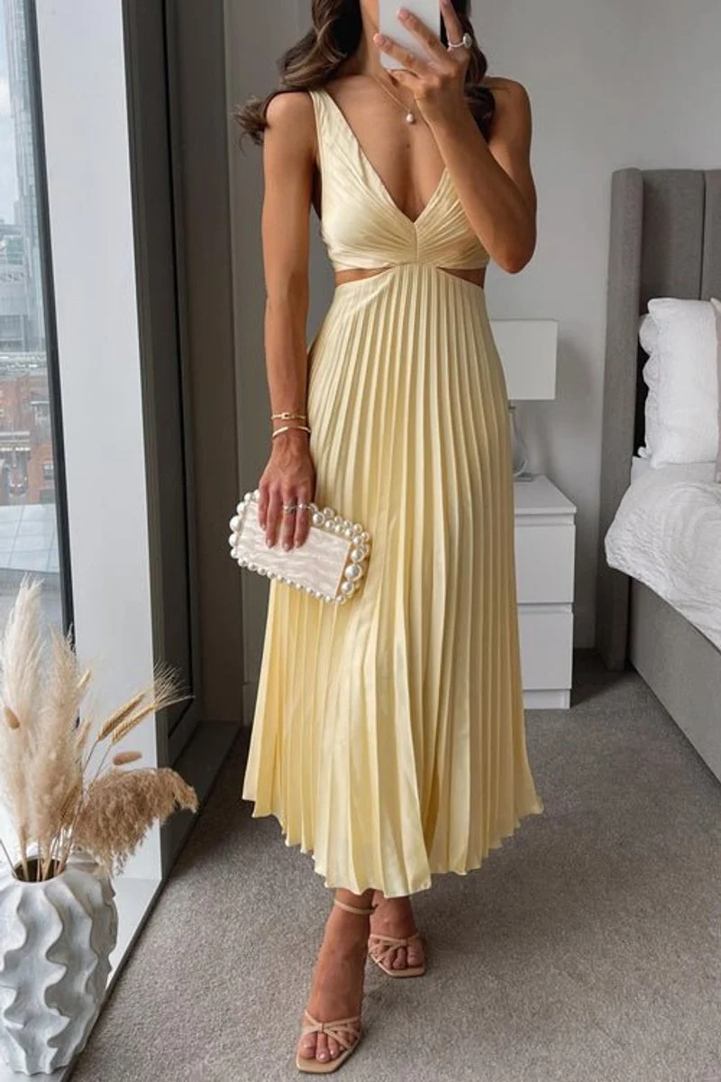 Johanna | Damen ärmelloses Cocktailkleid mit V-Ausschnitt plissierter Maxi-Schnitt