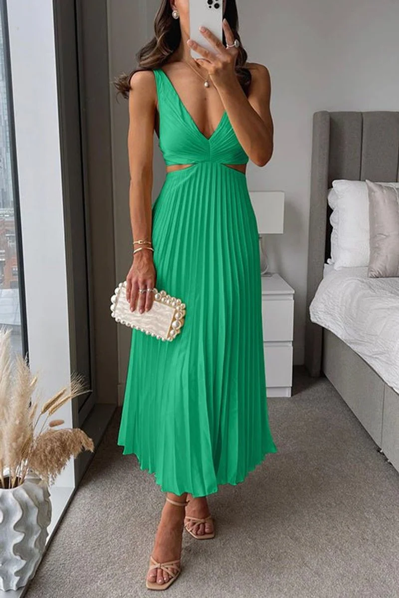 Johanna | Damen ärmelloses Cocktailkleid mit V-Ausschnitt plissierter Maxi-Schnitt