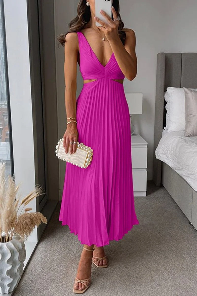 Johanna | Damen ärmelloses Cocktailkleid mit V-Ausschnitt plissierter Maxi-Schnitt