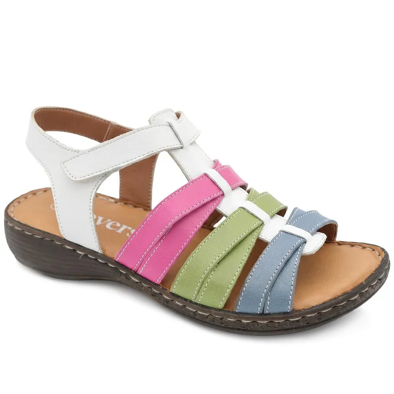 Premium Leather Adjustable Fasten Sandals - LUCK43002 / 329 420 - White Multi