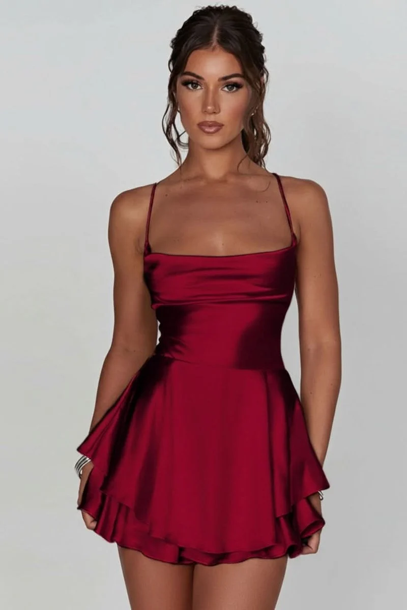 Marie | Damen Rückenfreies Minikleid Geraffter Taille Satin Cocktailkleid