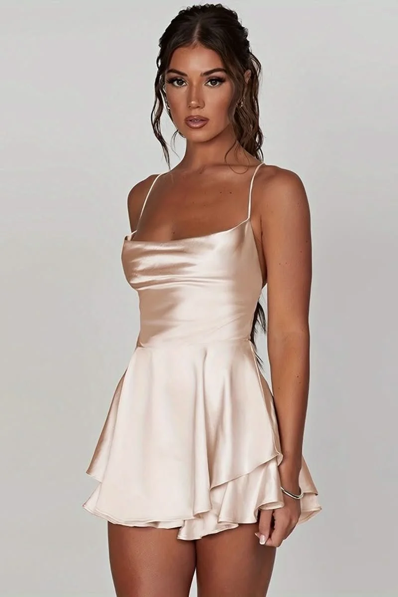 Marie | Damen Rückenfreies Minikleid Geraffter Taille Satin Cocktailkleid