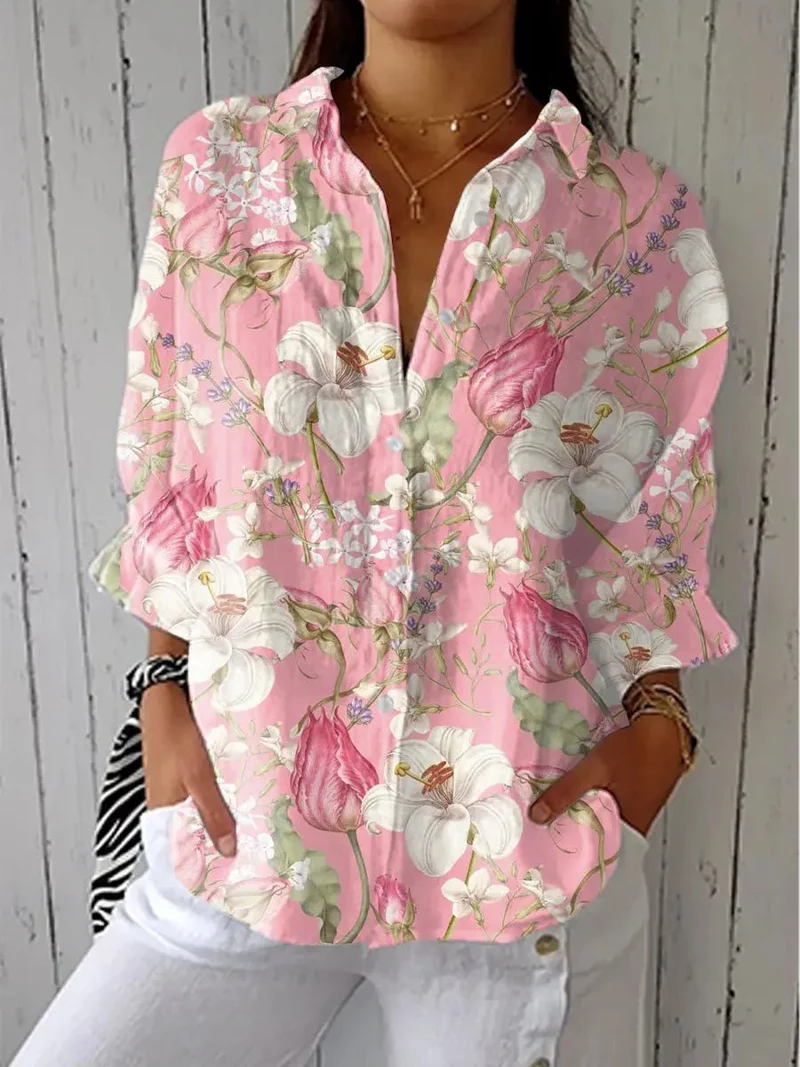 Katharina | Damen Bluse mit Blumenmuster V-Ausschnitt Langarm