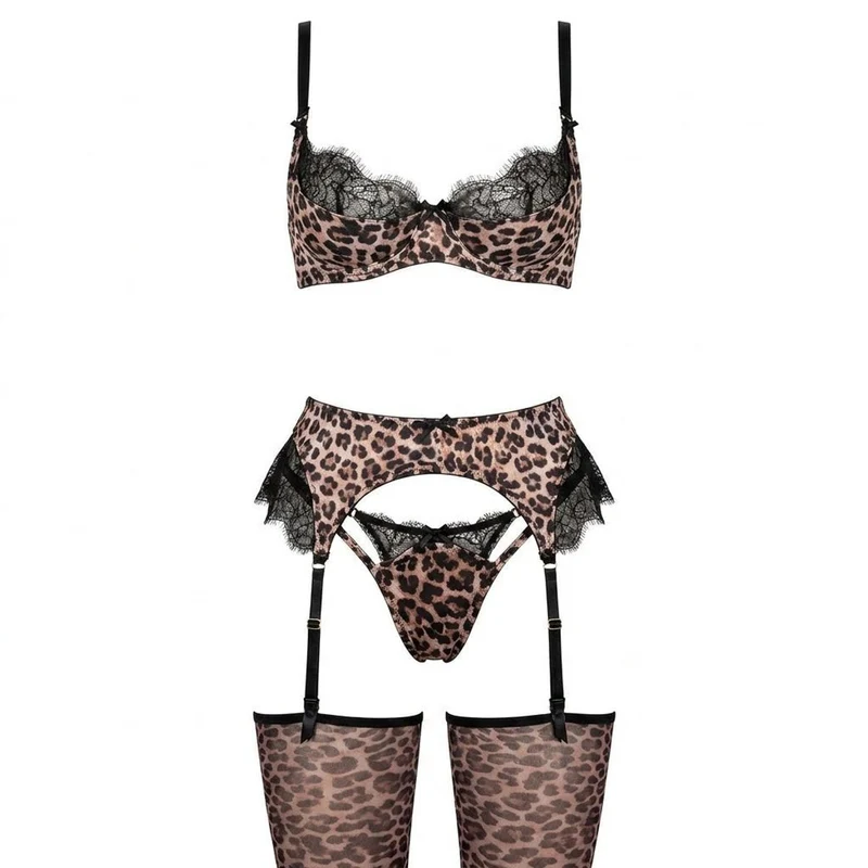 Johanna | Damen Leoparden Dessous-Set mit Spitzenbesatz vierteilig