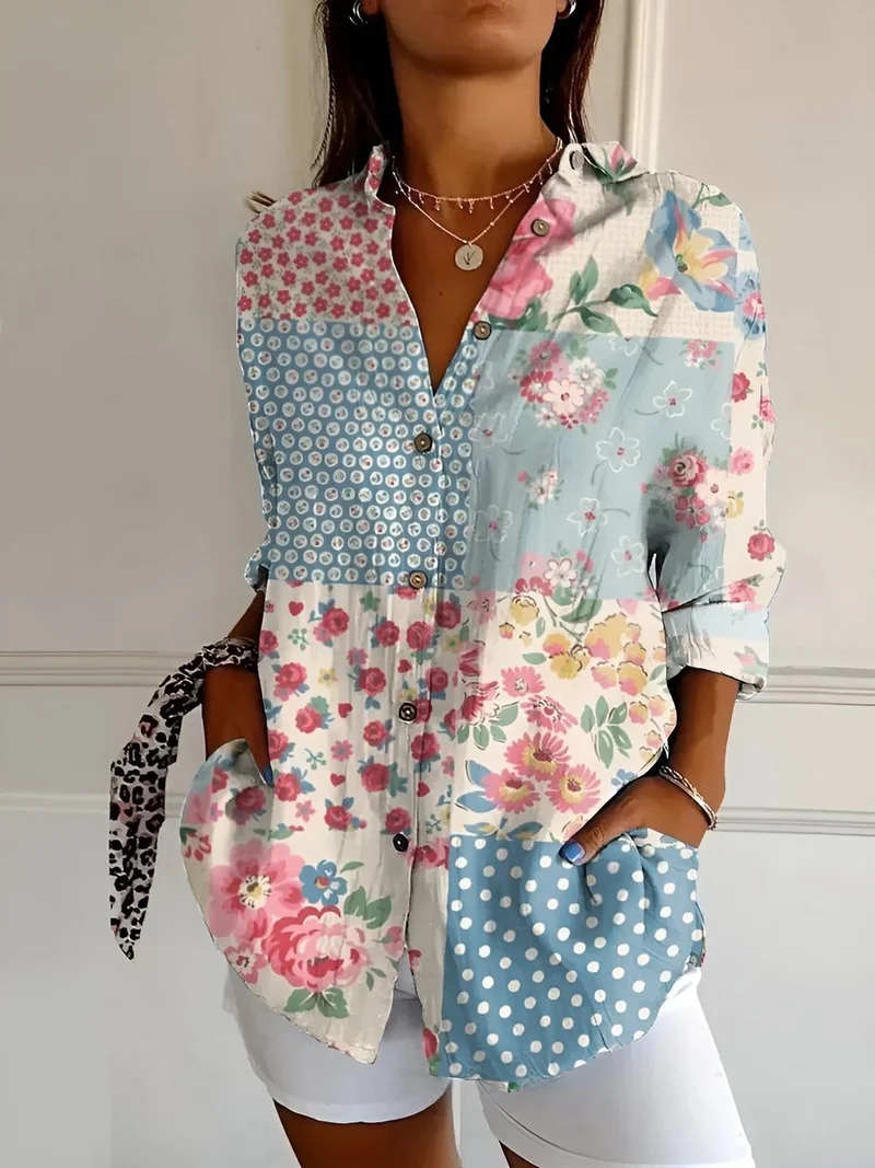 Leonie | Plus Size Bluse Florale Prints Langarm Knopfleiste