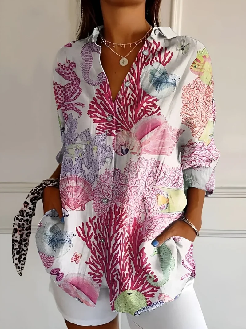 Leonie | Plus Size Bluse Florale Prints Langarm Knopfleiste