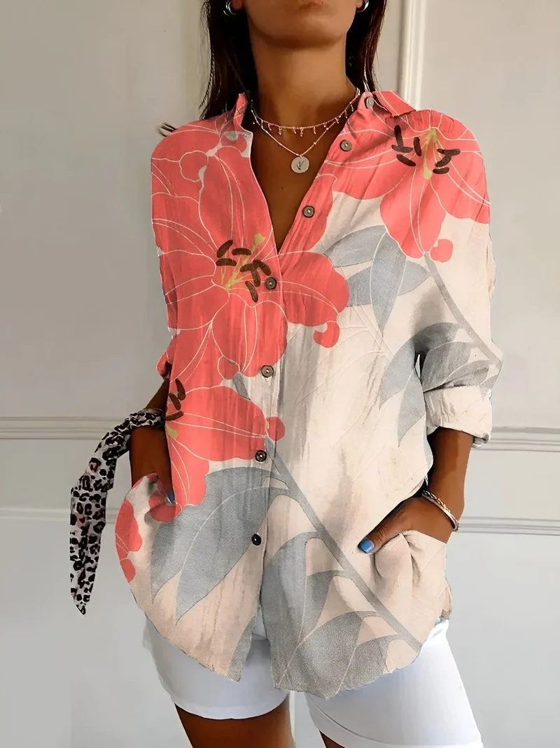 Leonie | Plus Size Bluse Florale Prints Langarm Knopfleiste