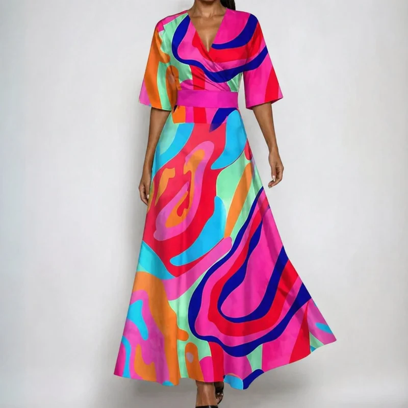 Katharina | Maxi Wickelkleid Satin Blumenmuster V-Ausschnitt Tailliert