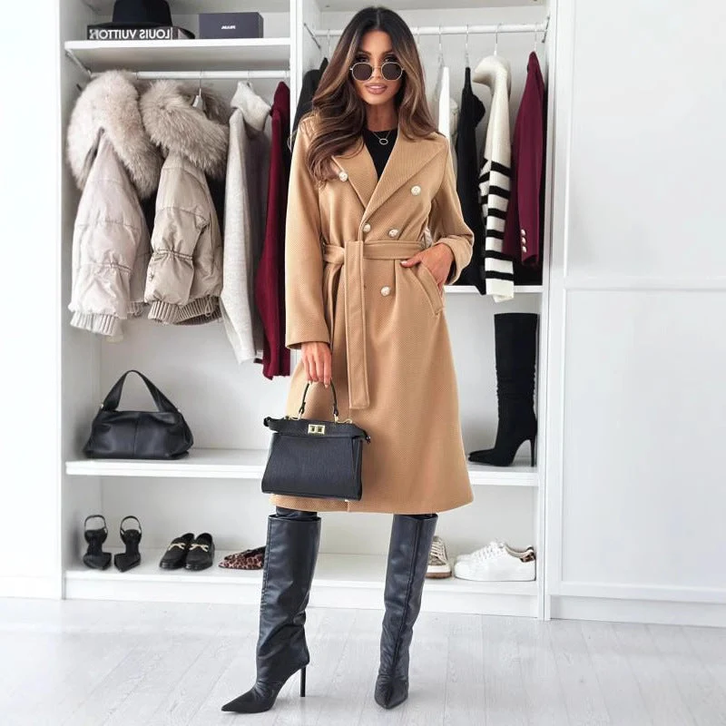 Damen zweireihiger Trenchcoat mit Bindegürtel