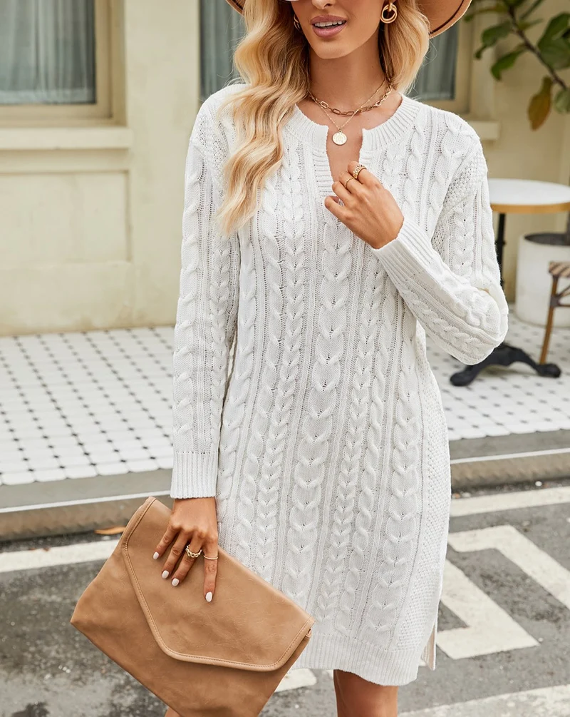 Damen Herbst Strickkleid mit Zopfmuster und V Ausschnitt