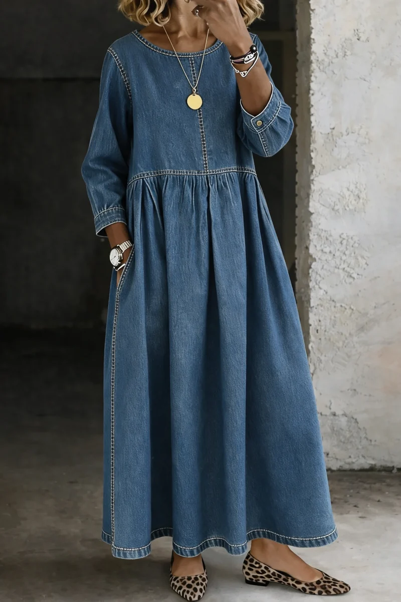 Damen Langarm Smock Kleid Maxi