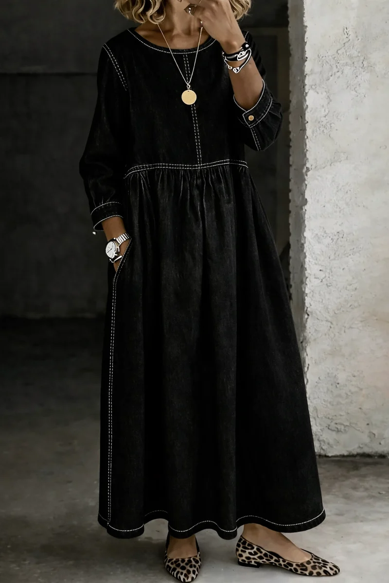 Damen Langarm Smock Kleid Maxi