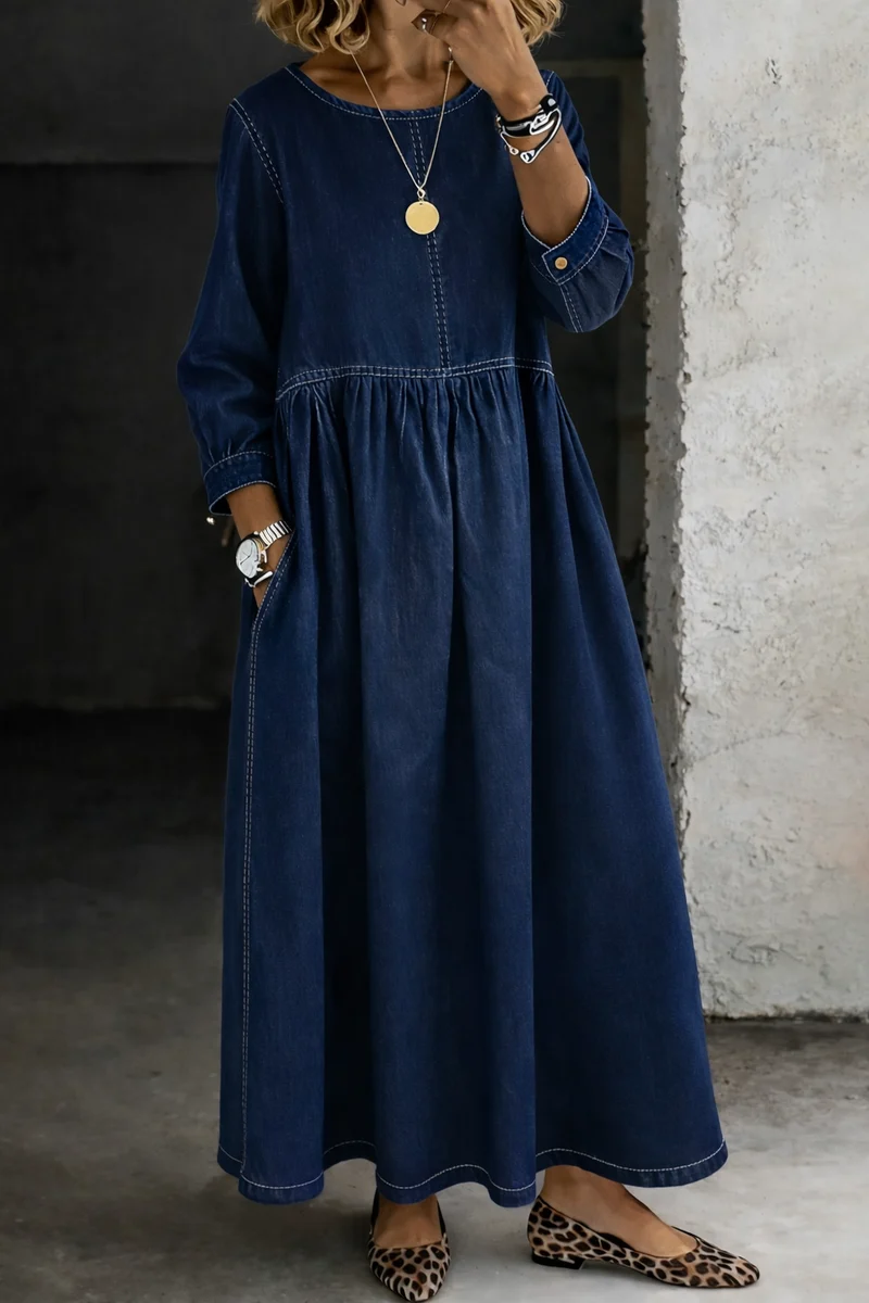 Damen Langarm Smock Kleid Maxi