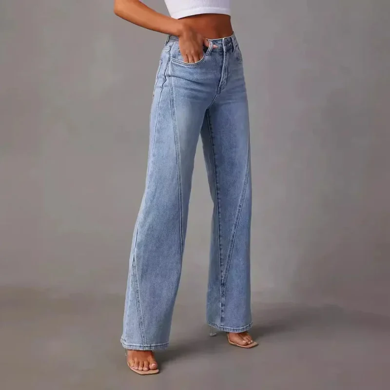 Damen High Waist Weitbein Jeans mit V Naht