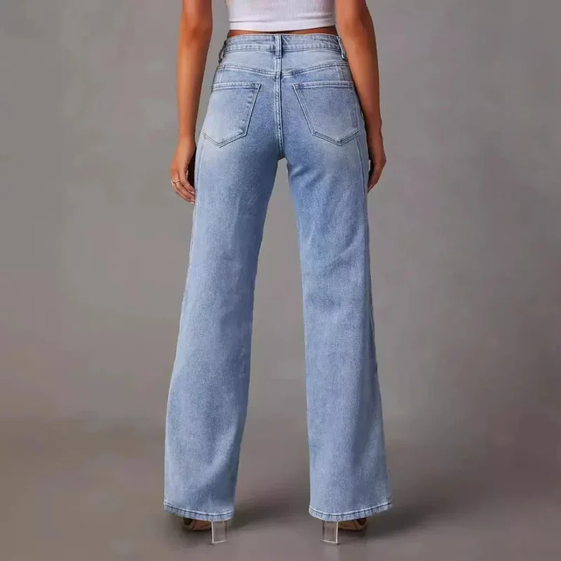 Damen High Waist Weitbein Jeans mit V Naht