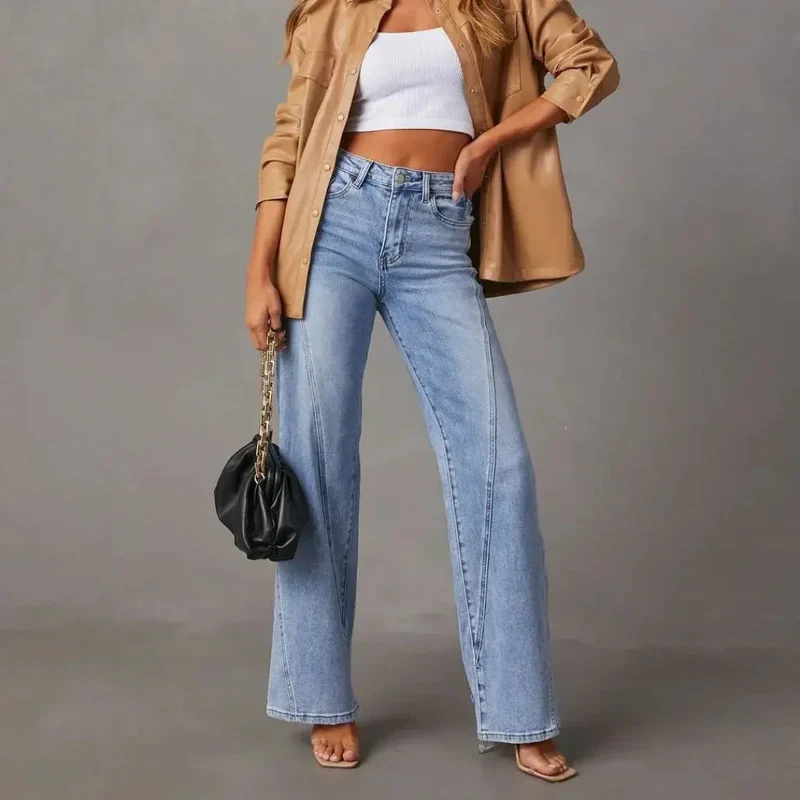 Damen High Waist Weitbein Jeans mit V Naht