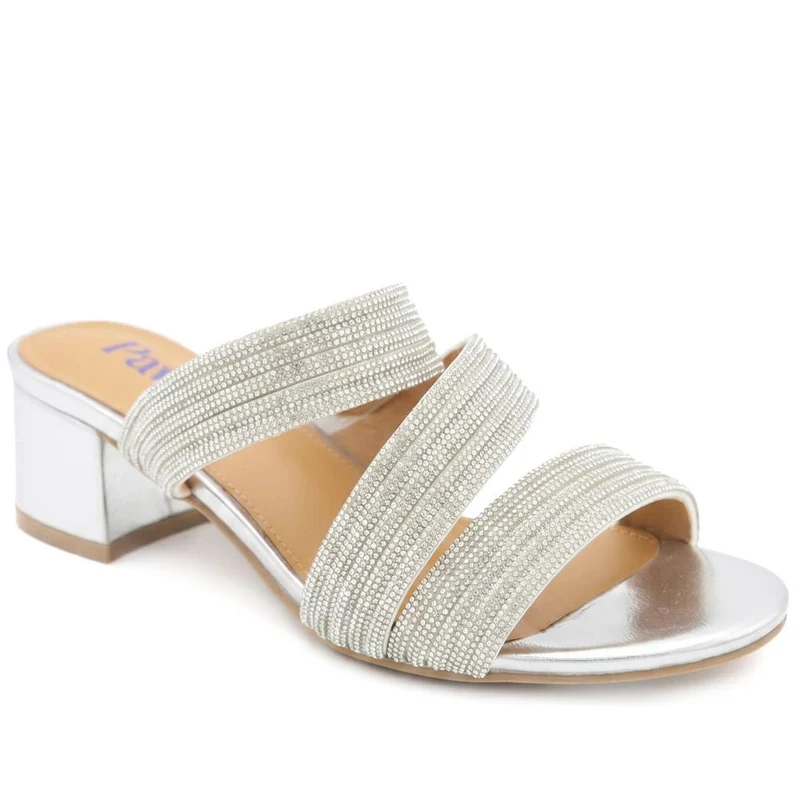 Diamante Block Heel Strappy Sandals - SANYI43000 / 329 142 - Silver