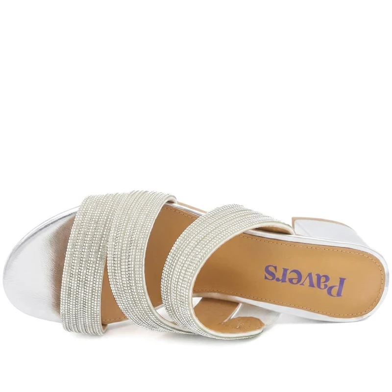 Diamante Block Heel Strappy Sandals - SANYI43000 / 329 142 - Silver